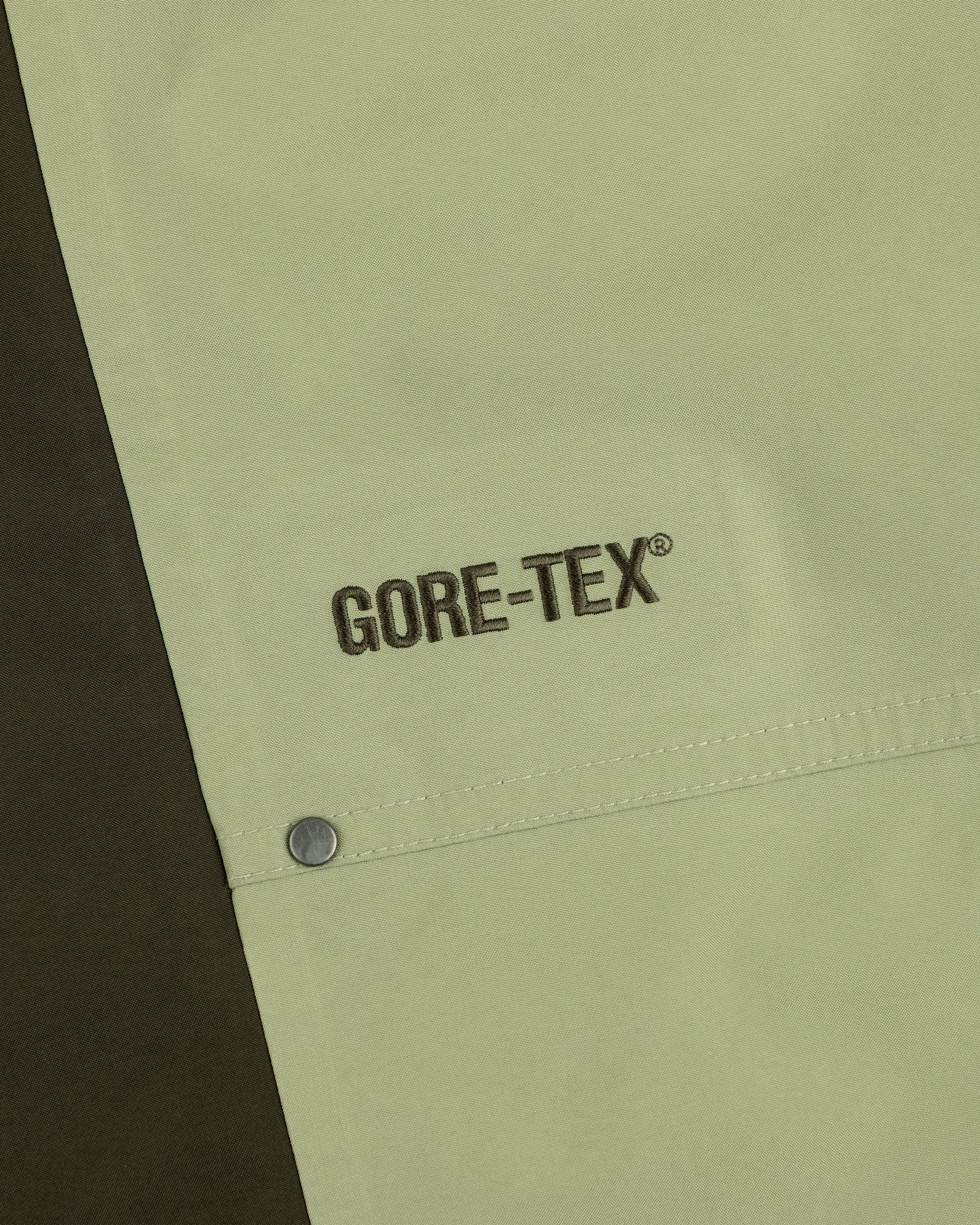 Close-up of ALD / The North Face GORE-TEX Pant in light green with logo and metal snap; dark fabric on left.