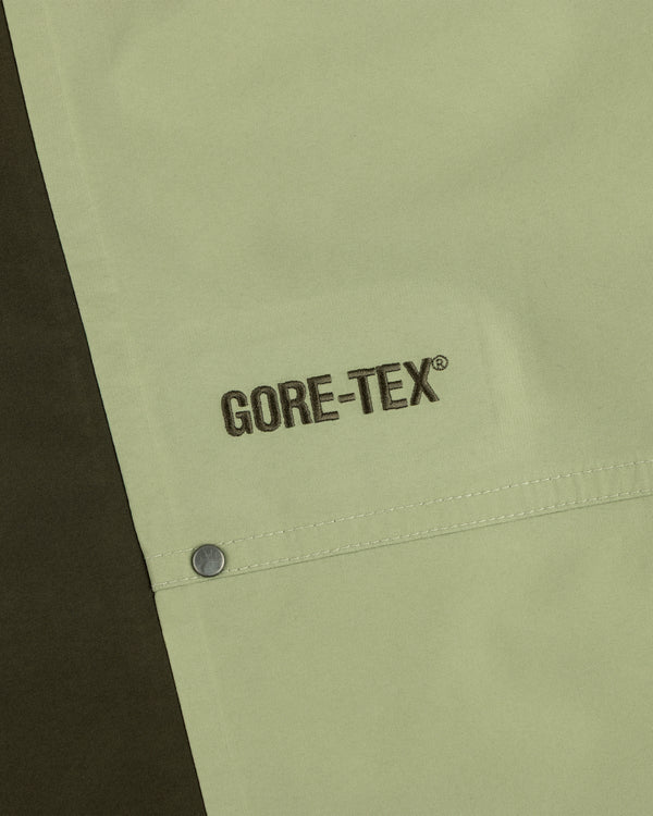 Close-up of ALD / The North Face GORE-TEX Pant in light green with logo and metal snap; dark fabric on left.
