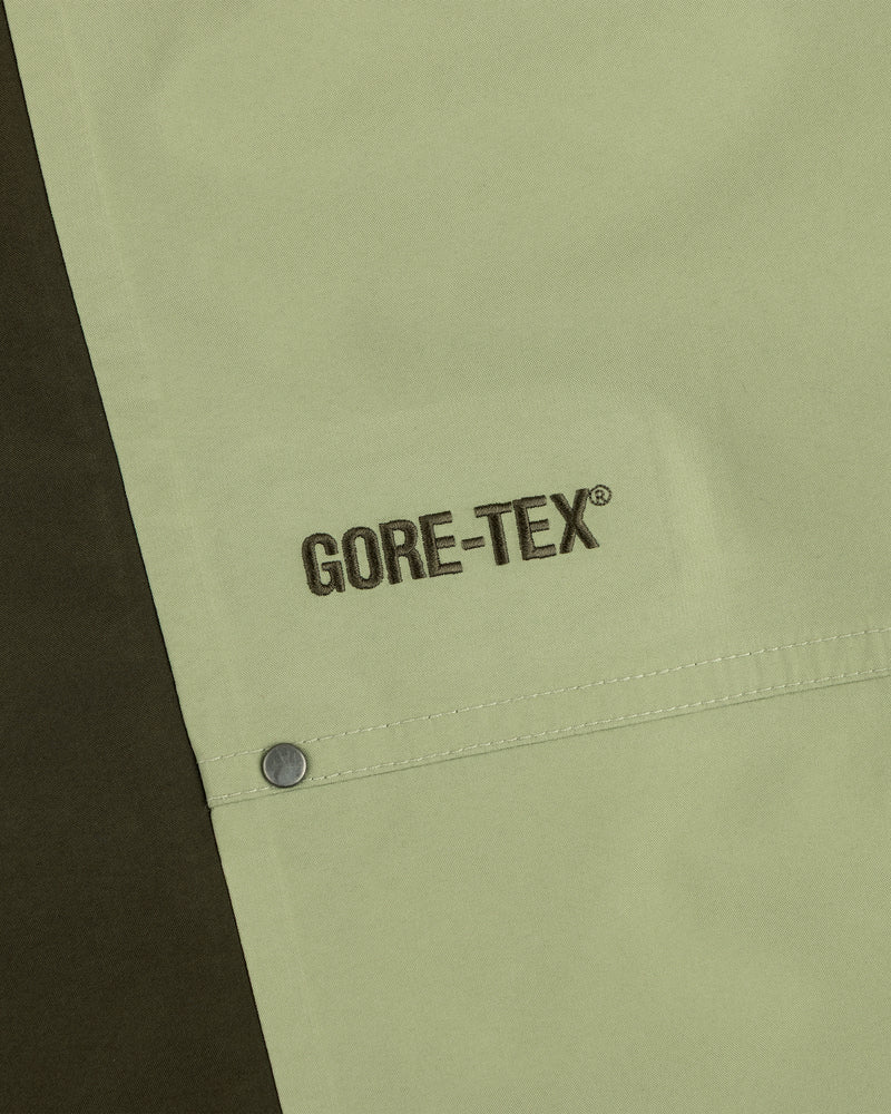 Close-up of ALD / The North Face GORE-TEX Pant in light green with logo and metal snap; dark fabric on left.