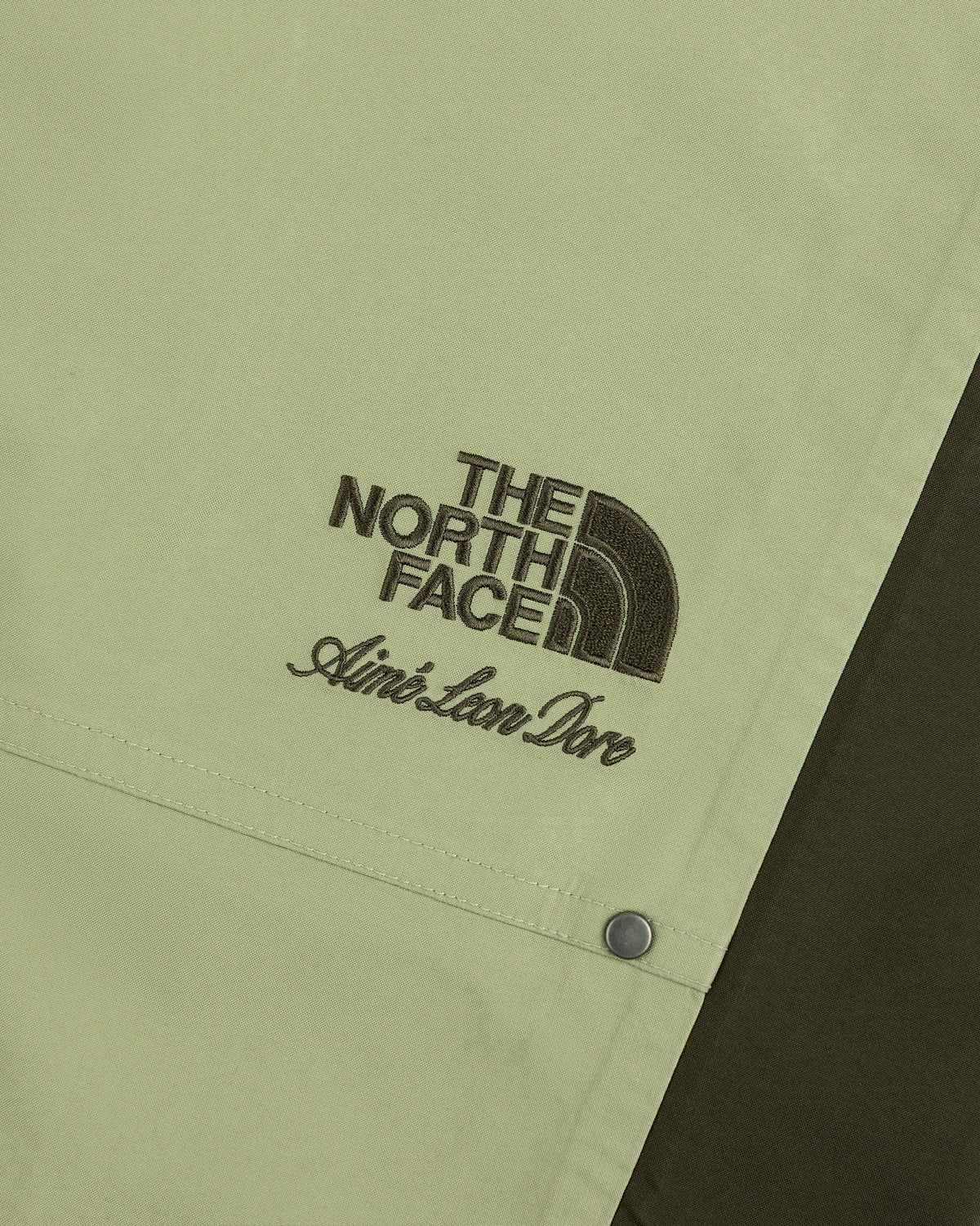 Close-up of ALD / The North Face GORE-TEX Pant with logos embroidered in brown on light green fabric.
