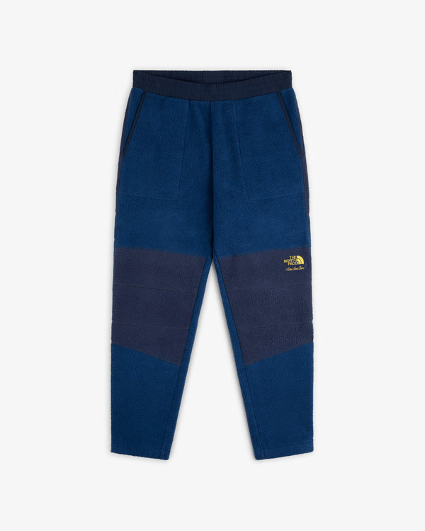 ALD / The North Face Denali Fleece Pant: Blue fleece, navy panels, elastic waist, pockets, yellow logo on left thigh.