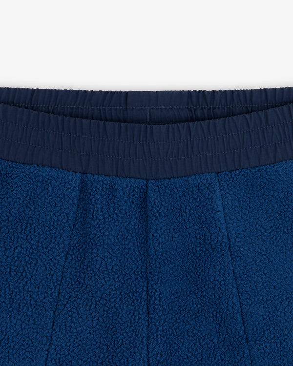 Close-up of ALD / The North Face Denali Fleece Pant’s blue fleece waistband with elastic, texture, and stitching detail.