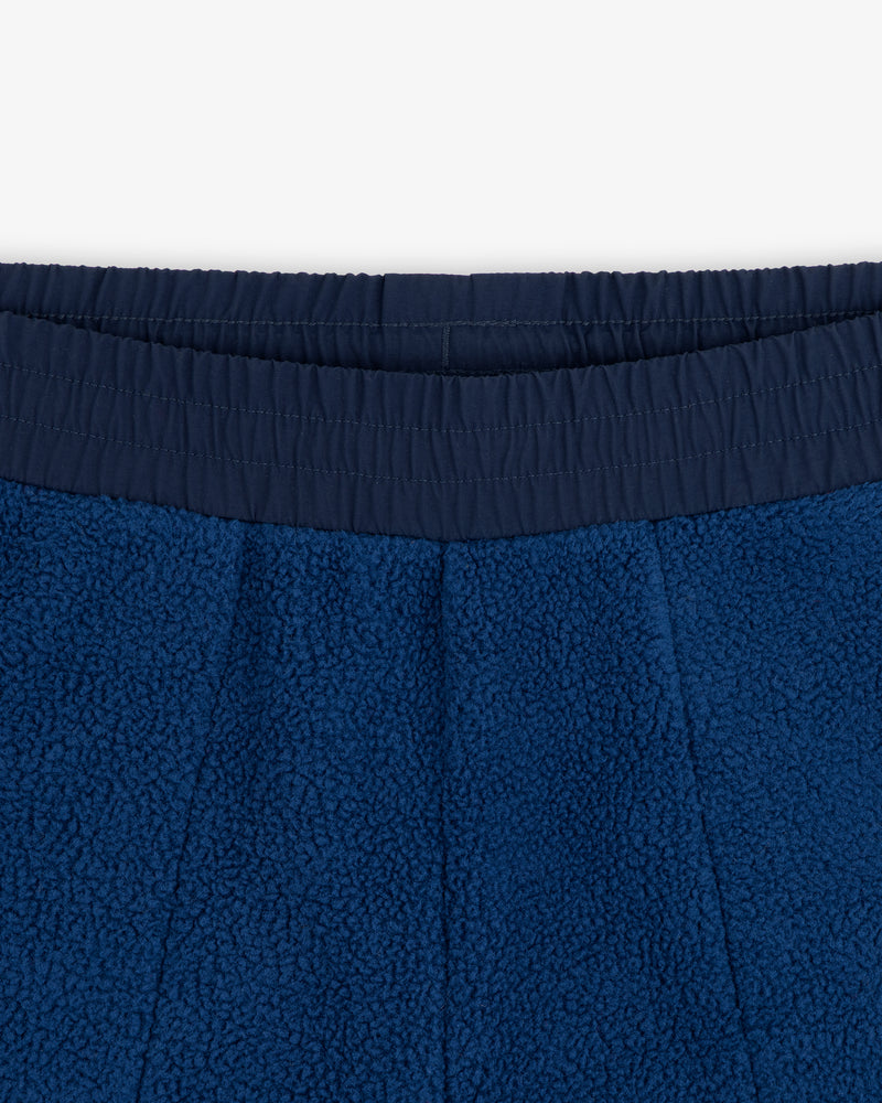 Close-up of ALD / The North Face Denali Fleece Pant’s blue fleece waistband with elastic, texture, and stitching detail.