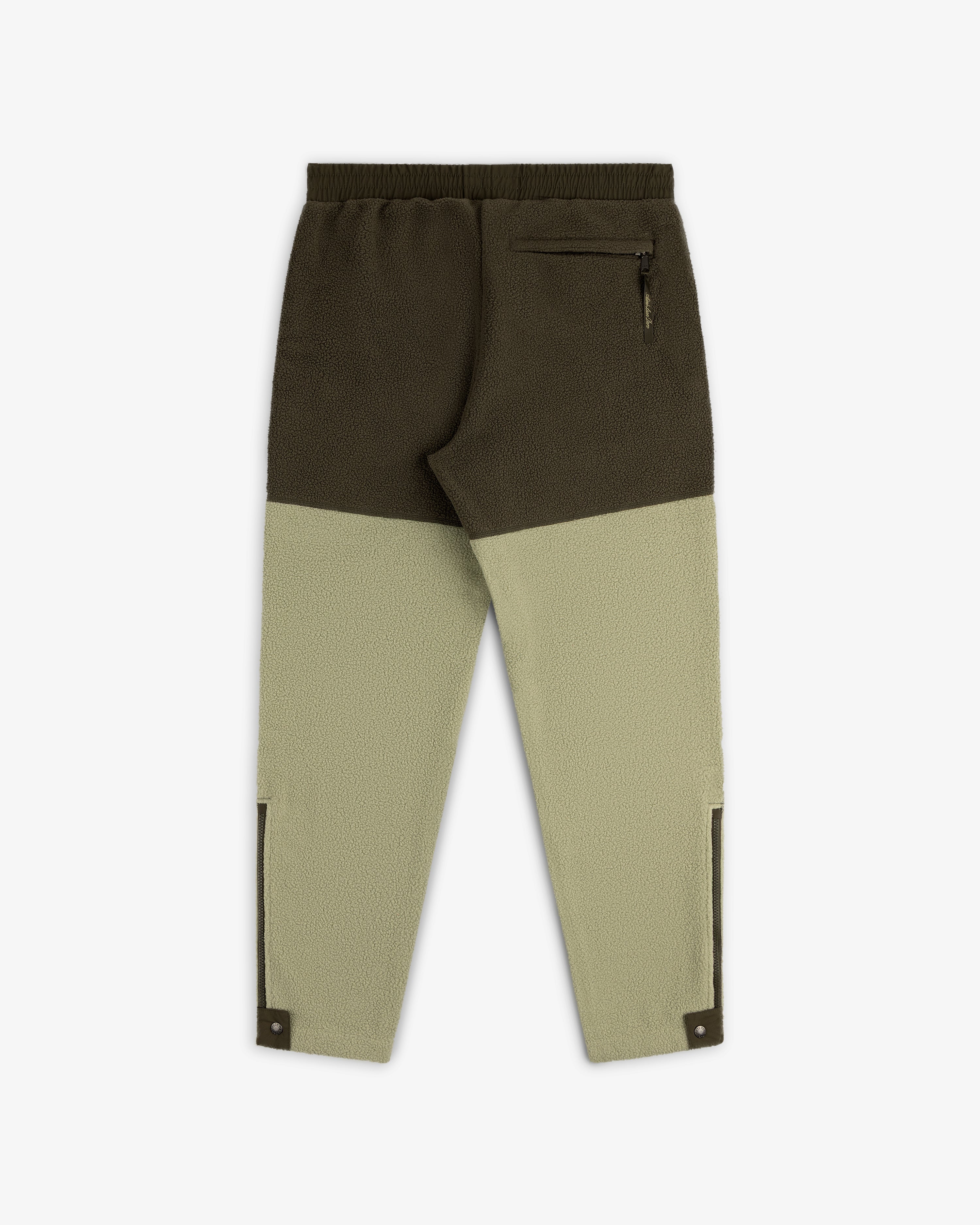 ALD/The North Face Denali Fleece Pant in dark olive/light green, zip back pocket, snap ankle closures.
