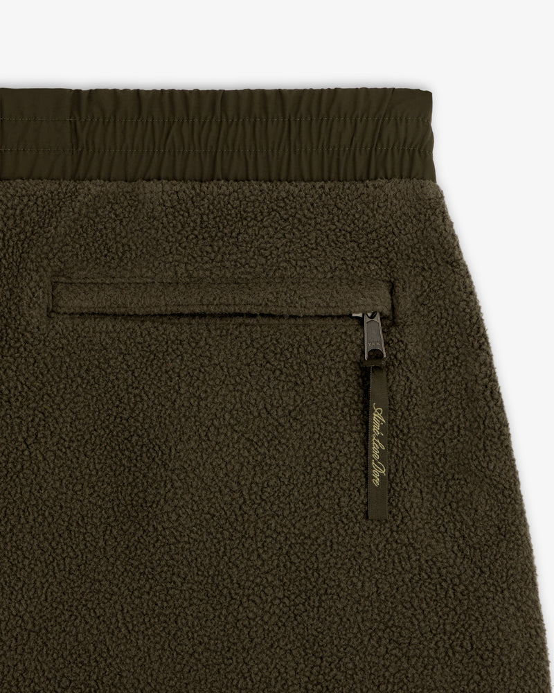 Close-up of ALD / The North Face Denali Fleece Pant in olive green with zippered pocket and elastic waistband.