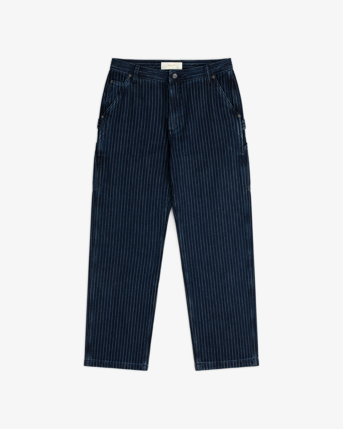 Chalk Stripe Painter Pant in navy with white stripes, wide legs, and front pockets, shown laid flat on white background.