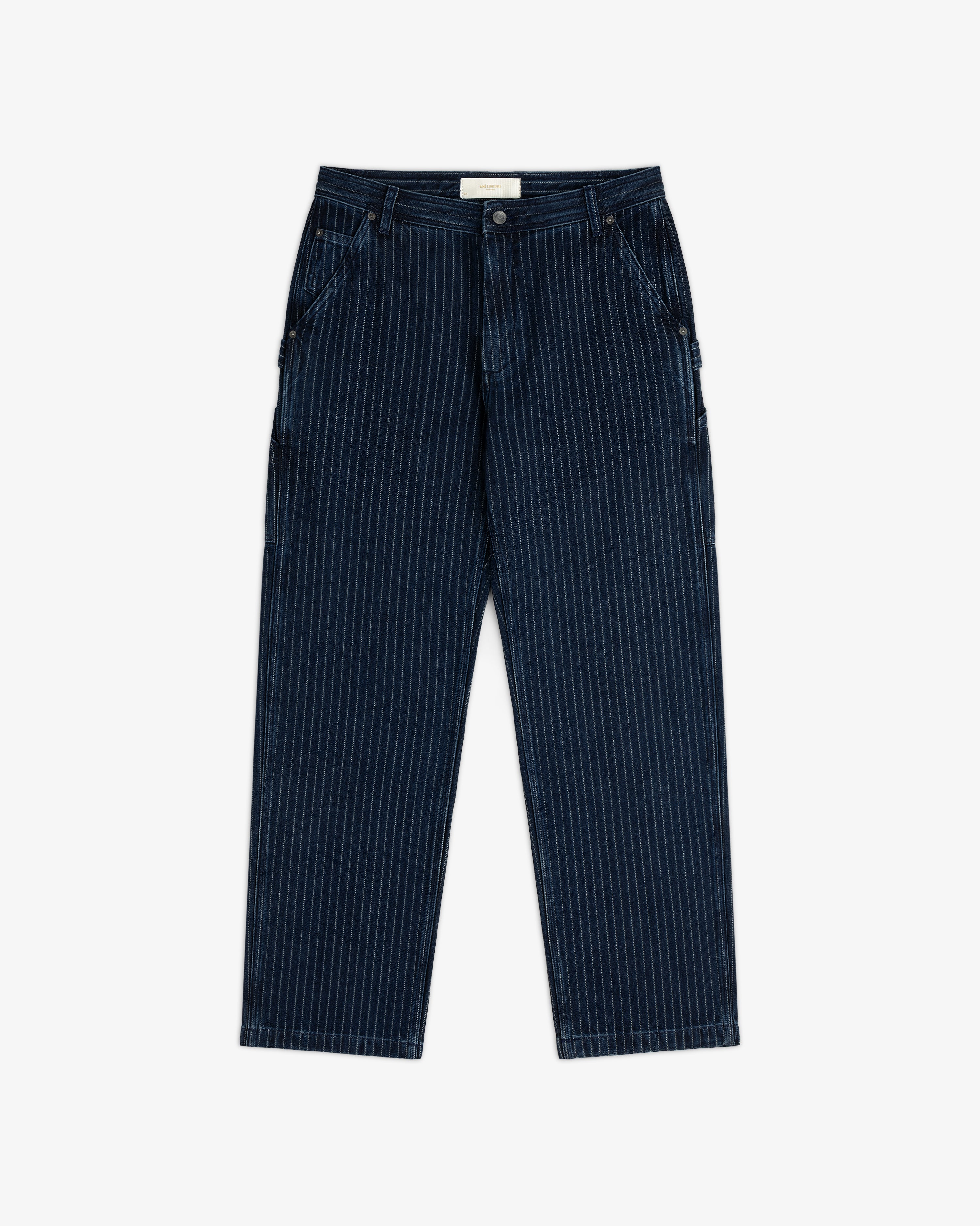 Chalk Stripe Painter Pant in navy with white stripes, wide legs, and front pockets, shown laid flat on white background.
