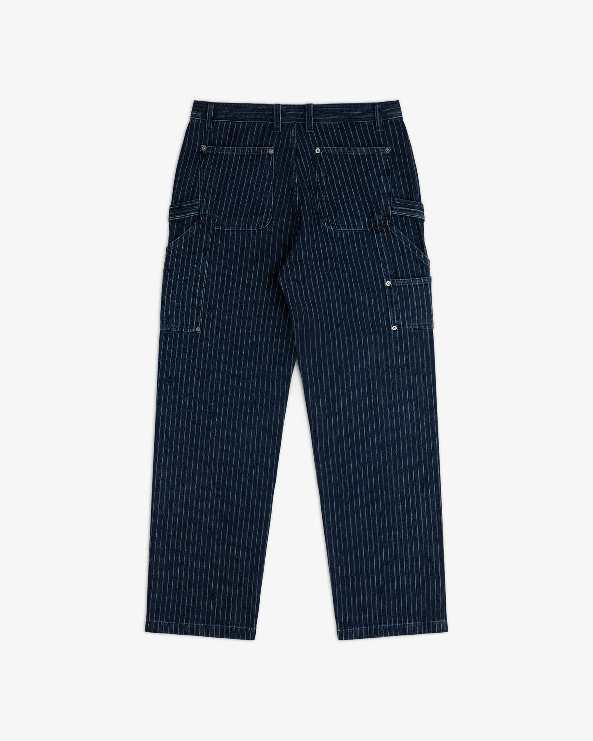 Chalk Stripe Painter Pant in dark blue with multiple pockets, shown laid flat on a white background.