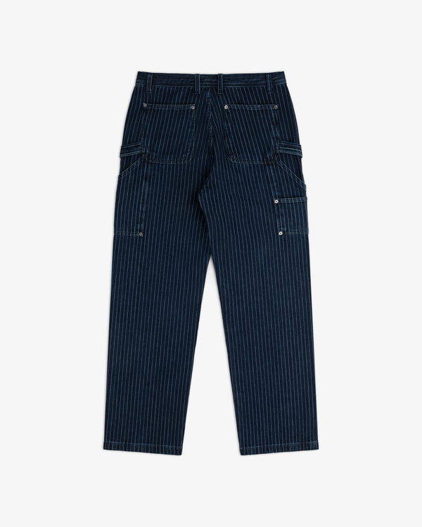 Chalk Stripe Painter Pant in dark blue with multiple pockets, shown laid flat on a white background.