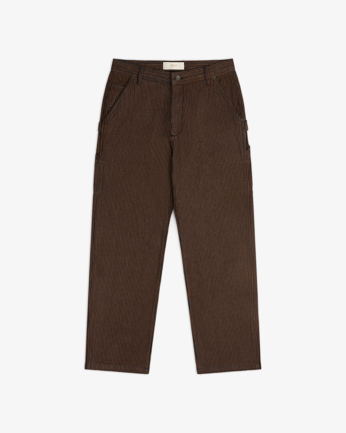 Hickory Stripe Painter Pant in brown and black stripes, straight-leg with front pockets and button closure, displayed flat.