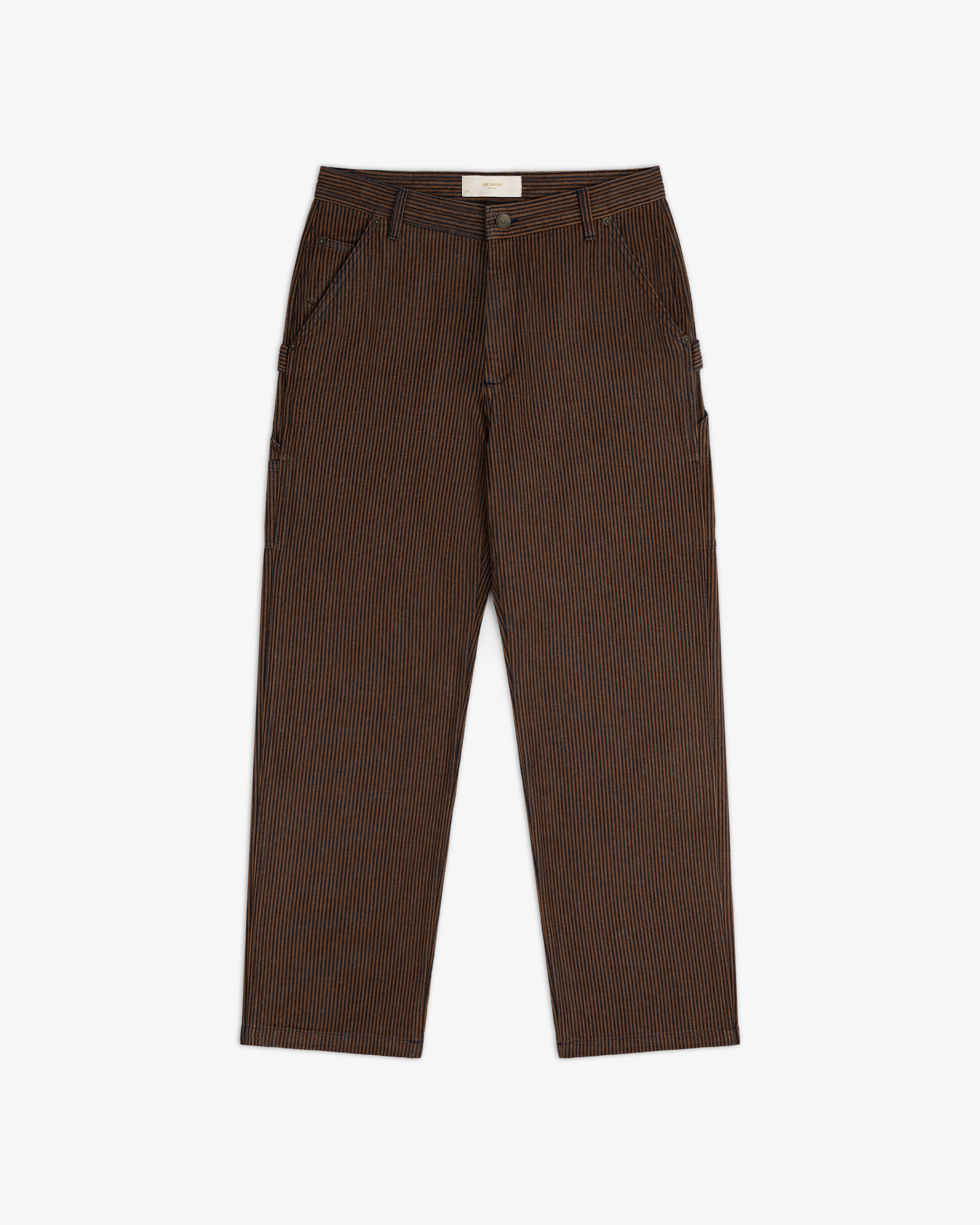 Hickory Stripe Painter Pant in brown and black stripes, straight-leg with front pockets and button closure, displayed flat.