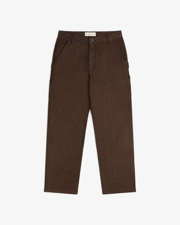 Hickory Stripe Painter Pant in brown and black stripes, straight-leg with front pockets and button closure, displayed flat.