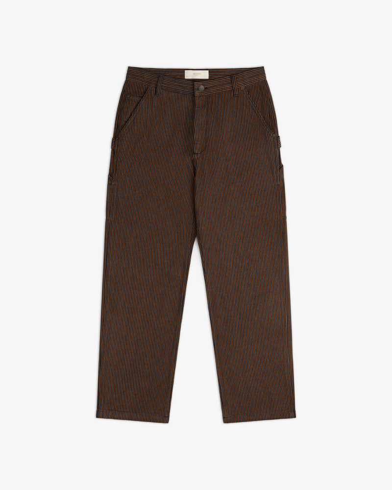 Hickory Stripe Painter Pant in brown and black stripes, straight-leg with front pockets and button closure, displayed flat.