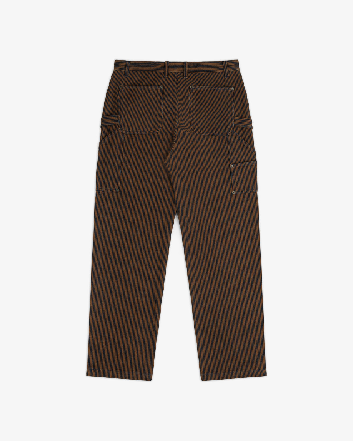 Hickory Stripe Painter Pant, back view, features brown pinstripes and multiple pockets; displayed flat on white.