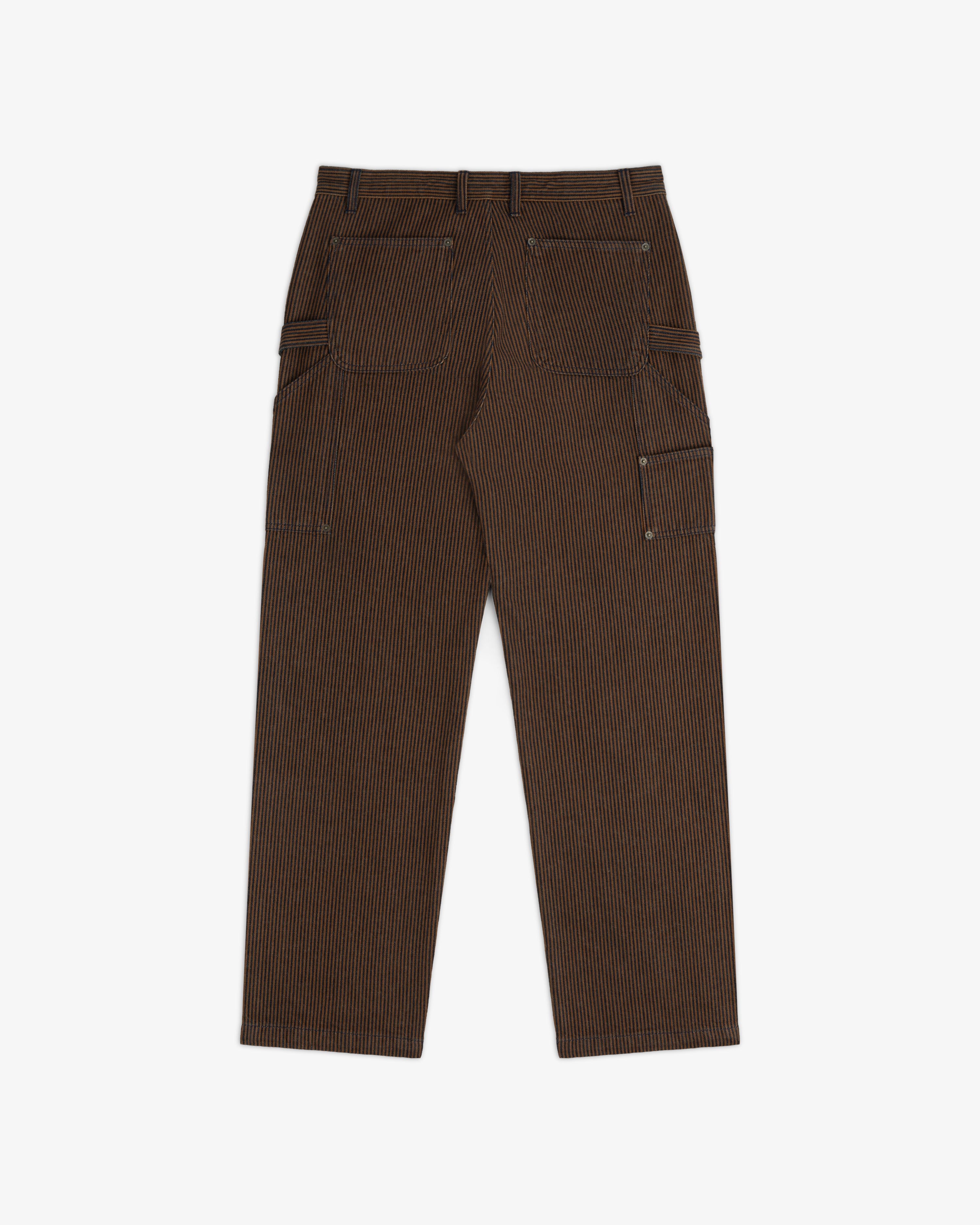 Hickory Stripe Painter Pant, back view, features brown pinstripes and multiple pockets; displayed flat on white.