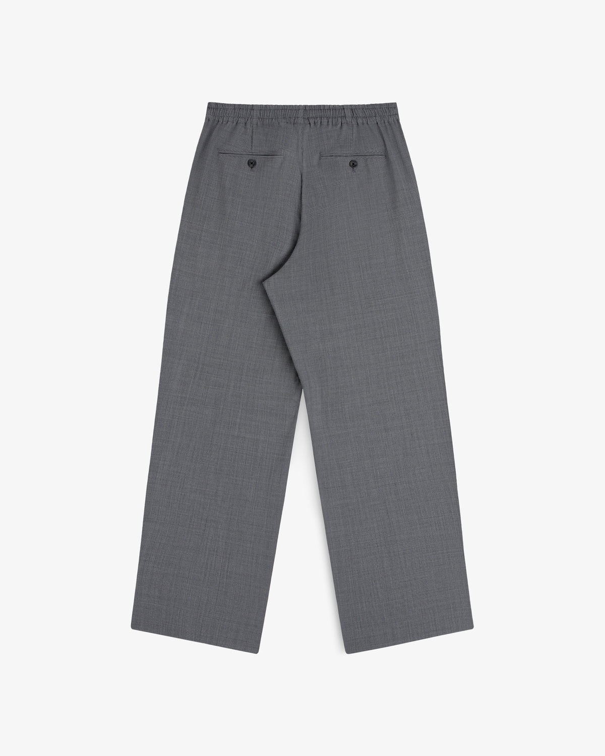 Houndstooth trouser with elastic waist, loose fit, 2 back pockets, laid flat on white background.