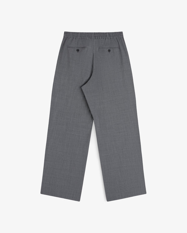Houndstooth trouser with elastic waist, loose fit, 2 back pockets, laid flat on white background.