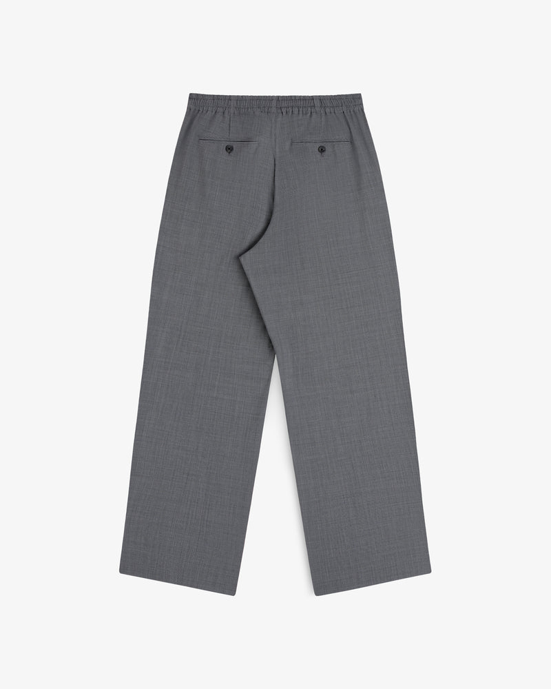 Houndstooth trouser with elastic waist, loose fit, 2 back pockets, laid flat on white background.