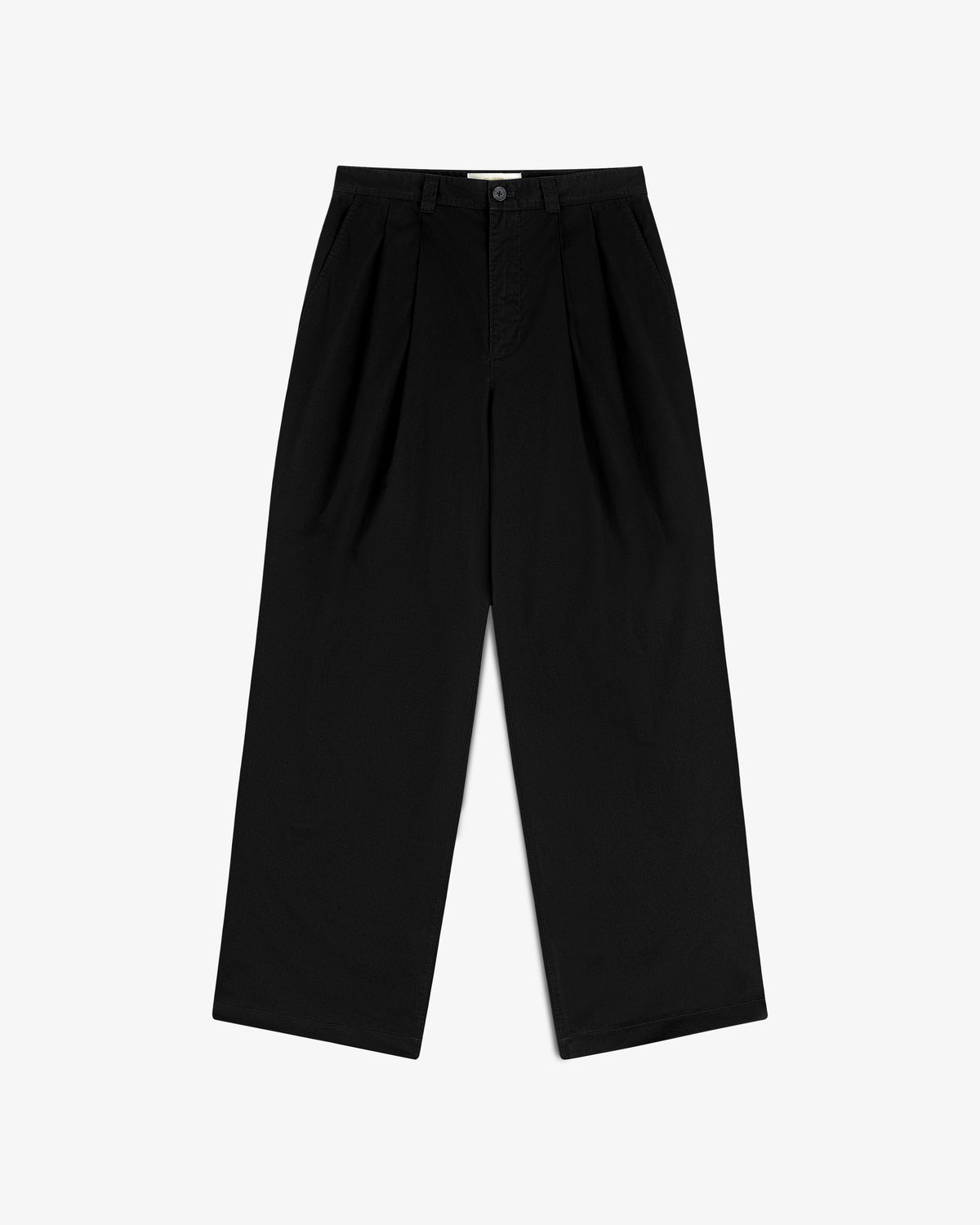 Double Pleated Officer Pant shown flat, in black, with wide legs, pleats, and front button-zip closure on white background.