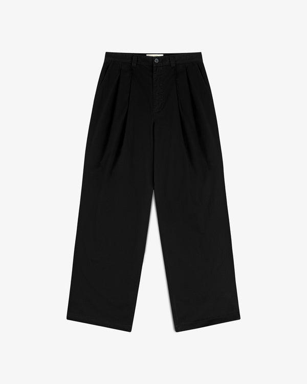 Double Pleated Officer Pant shown flat, in black, with wide legs, pleats, and front button-zip closure on white background.