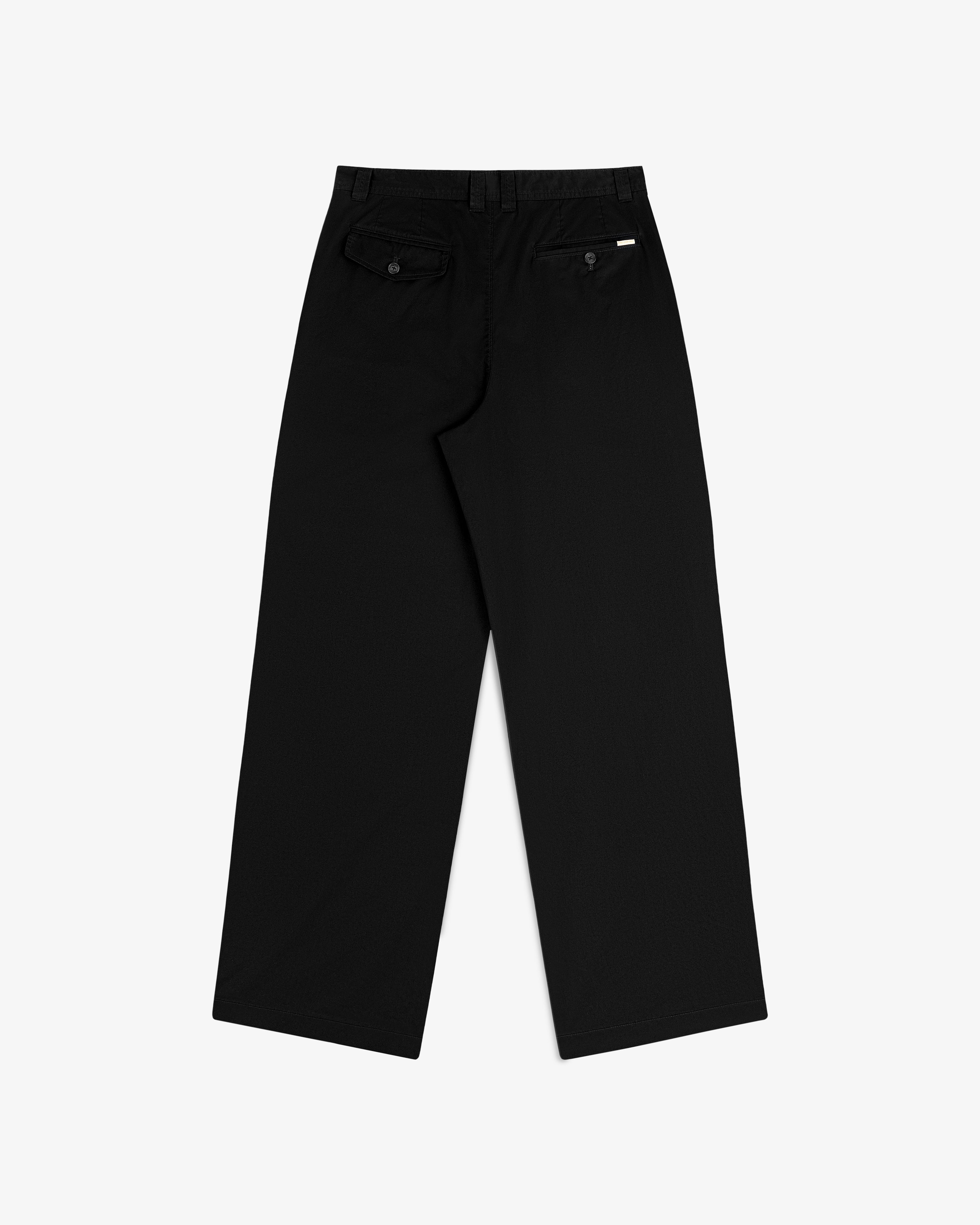 Double Pleated Officer Pant in black, wide-leg with belt loops and buttoned back pockets, shown from the rear.