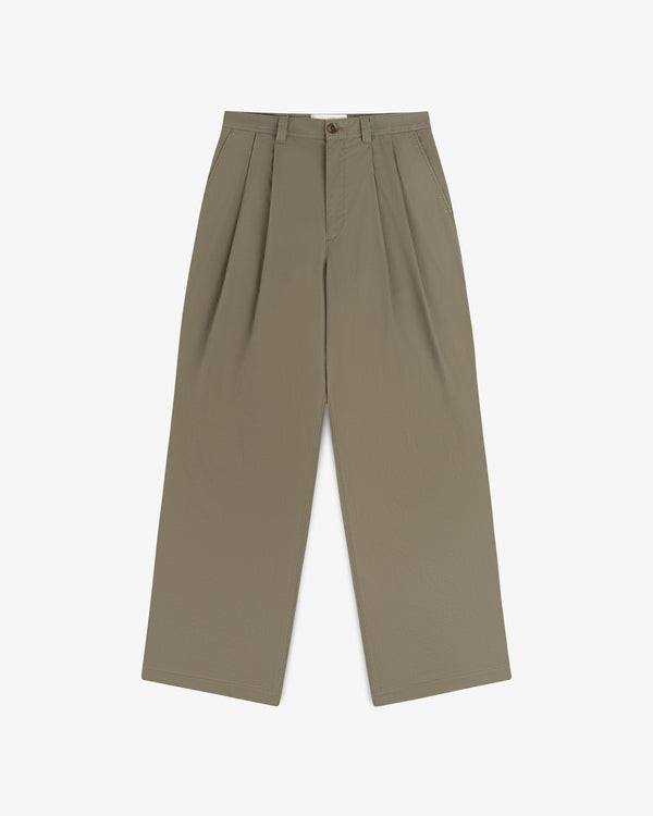 Double Pleated Officer Pant in taupe with front pleats, side pockets, and button closure, shown flat on white.
