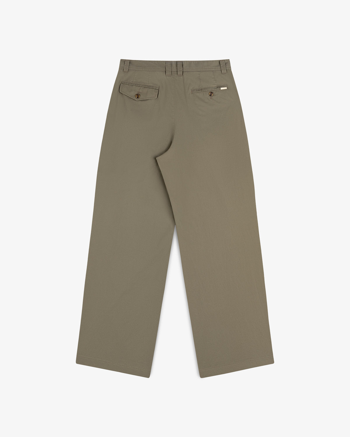 Double Pleated Officer Pant in khaki, wide-leg, with two buttoned back pockets and belt loops, shown from the back.