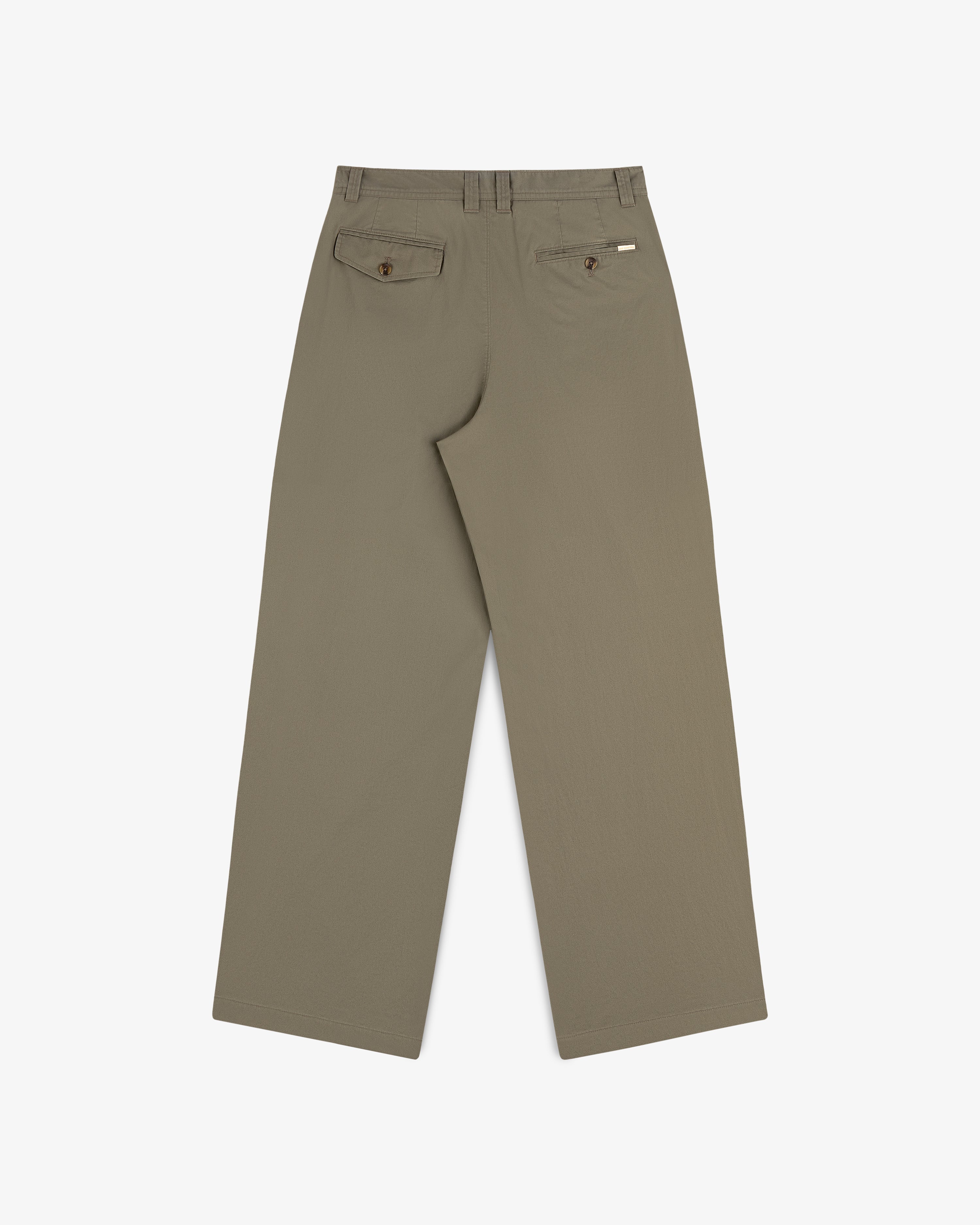 Double Pleated Officer Pant in khaki, wide-leg, with two buttoned back pockets and belt loops, shown from the back.