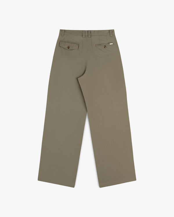 Double Pleated Officer Pant in khaki, wide-leg, with two buttoned back pockets and belt loops, shown from the back.