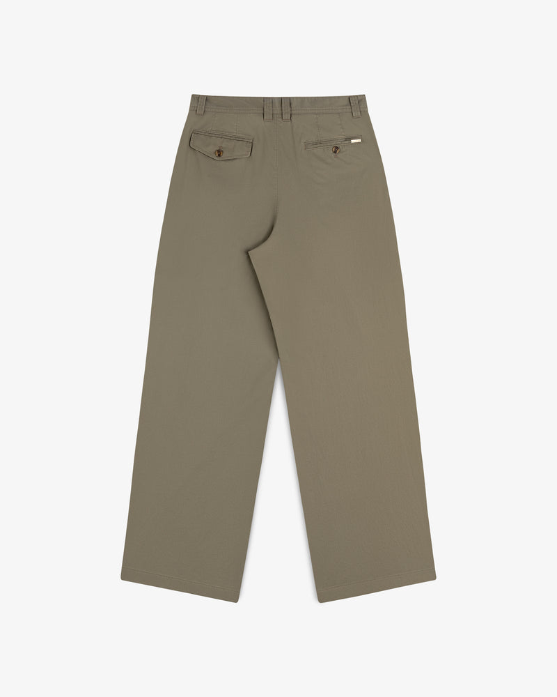 Double Pleated Officer Pant in khaki, wide-leg, with two buttoned back pockets and belt loops, shown from the back.
