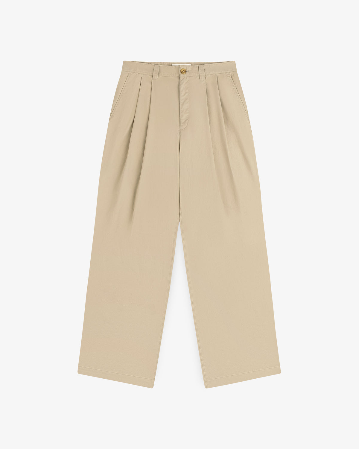 Double Pleated Officer Pant: beige, high-waisted, wide-leg, pleated with side pockets, shown on white background.