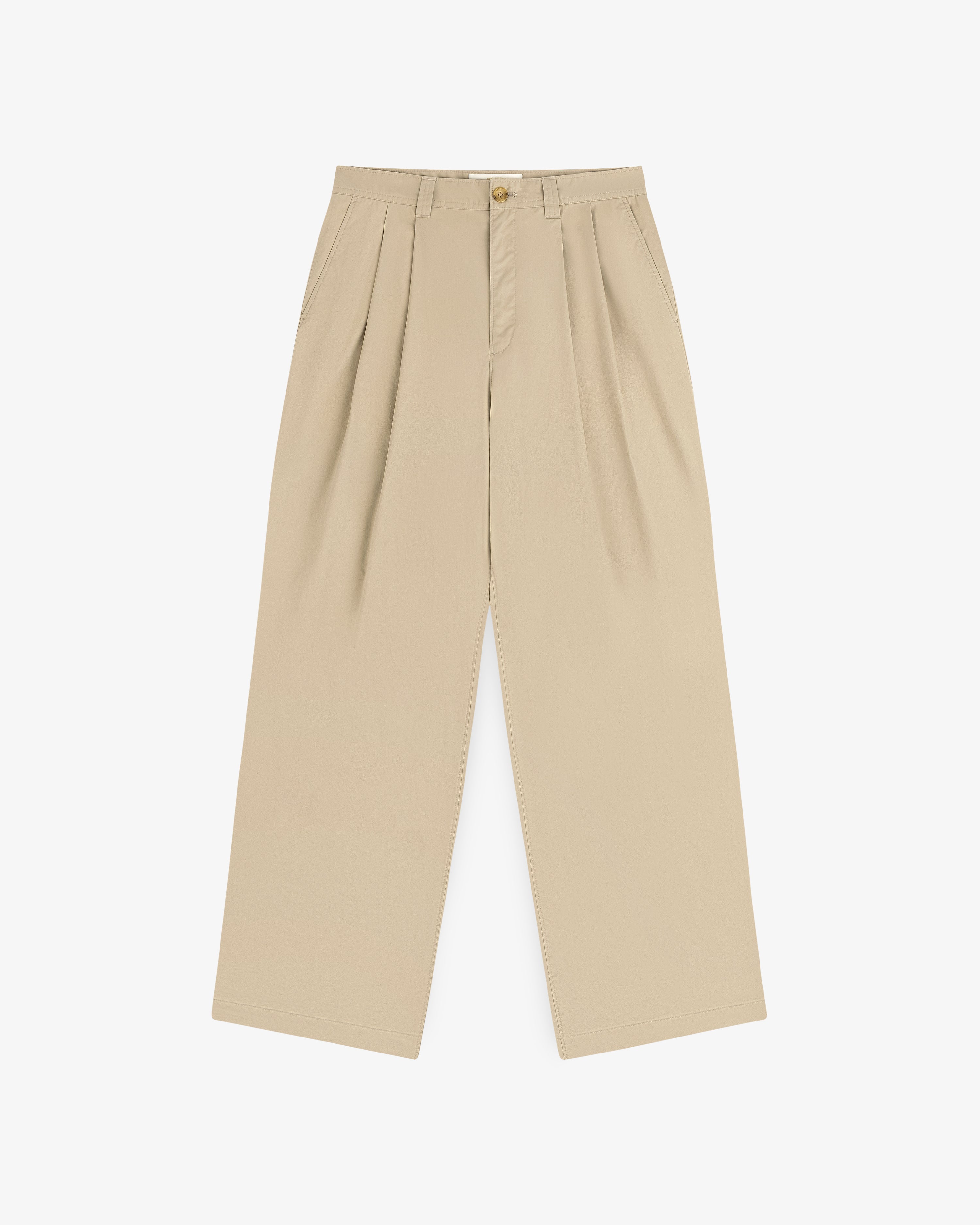 Double Pleated Officer Pant: beige, high-waisted, wide-leg, pleated with side pockets, shown on white background.