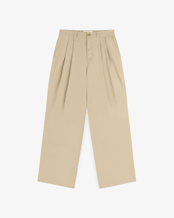Double Pleated Officer Pant: beige, high-waisted, wide-leg, pleated with side pockets, shown on white background.