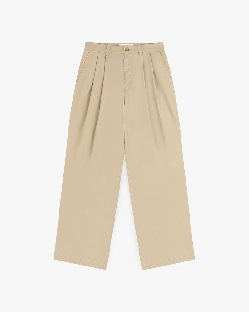 Double Pleated Officer Pant: beige, high-waisted, wide-leg, pleated with side pockets, shown on white background.