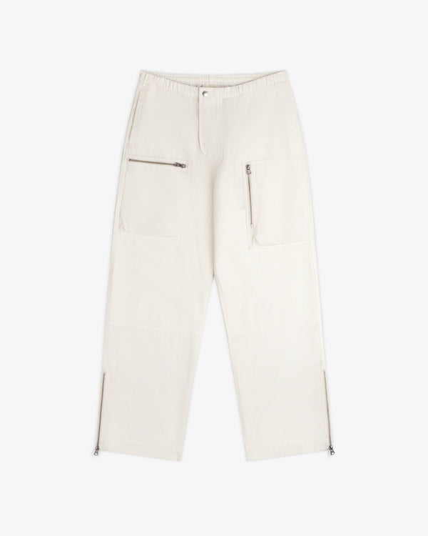 Garment Washed Aviator Pants in off-white with utility pockets and zippered leg openings.