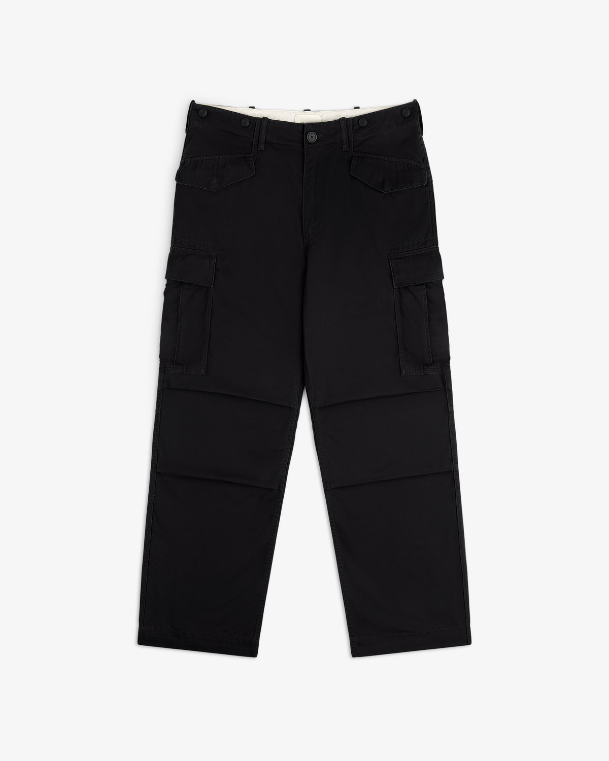 Fatigue Pant in black with button and zip closure, multiple pockets, and straight legs, laid flat on white background.