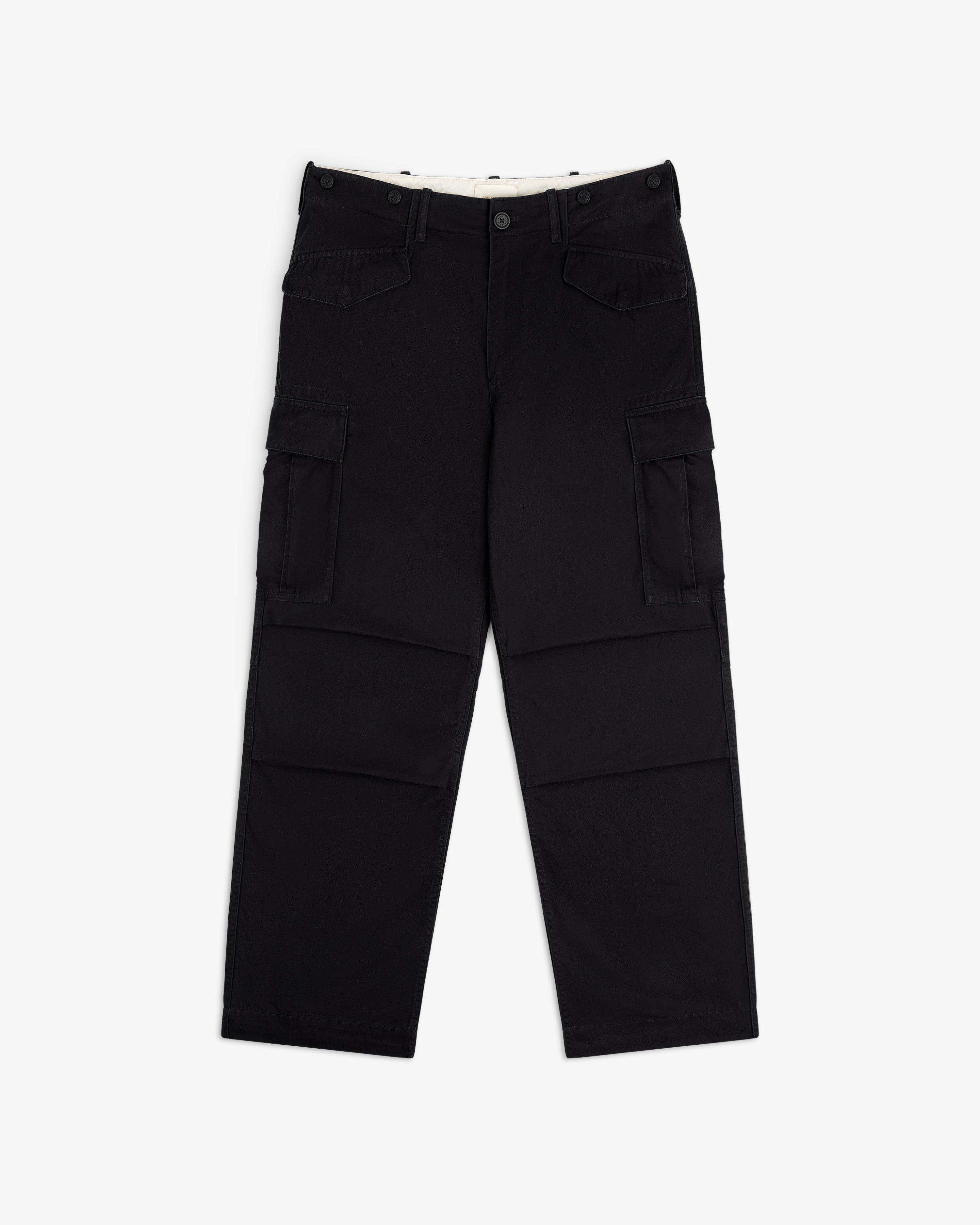 Fatigue Pant in black with button and zip closure, multiple pockets, and straight legs, laid flat on white background.