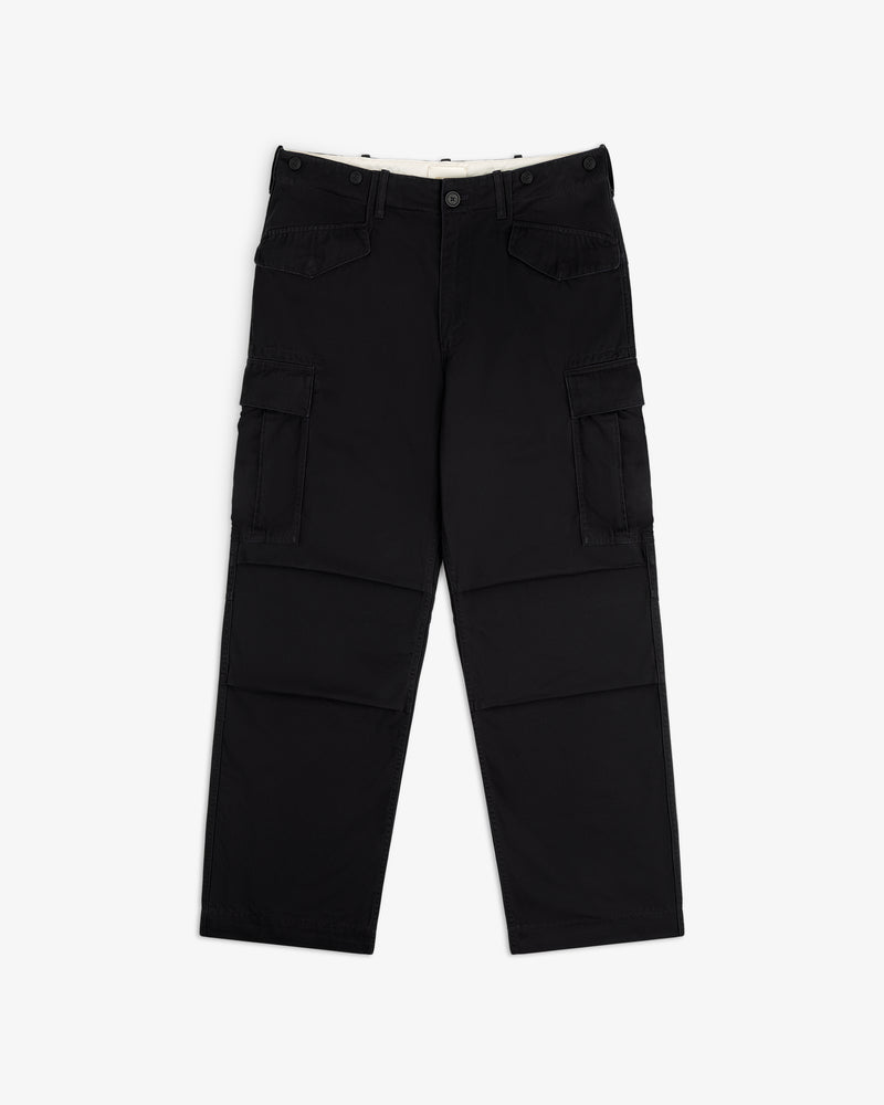 Fatigue Pant in black with button and zip closure, multiple pockets, and straight legs, laid flat on white background.