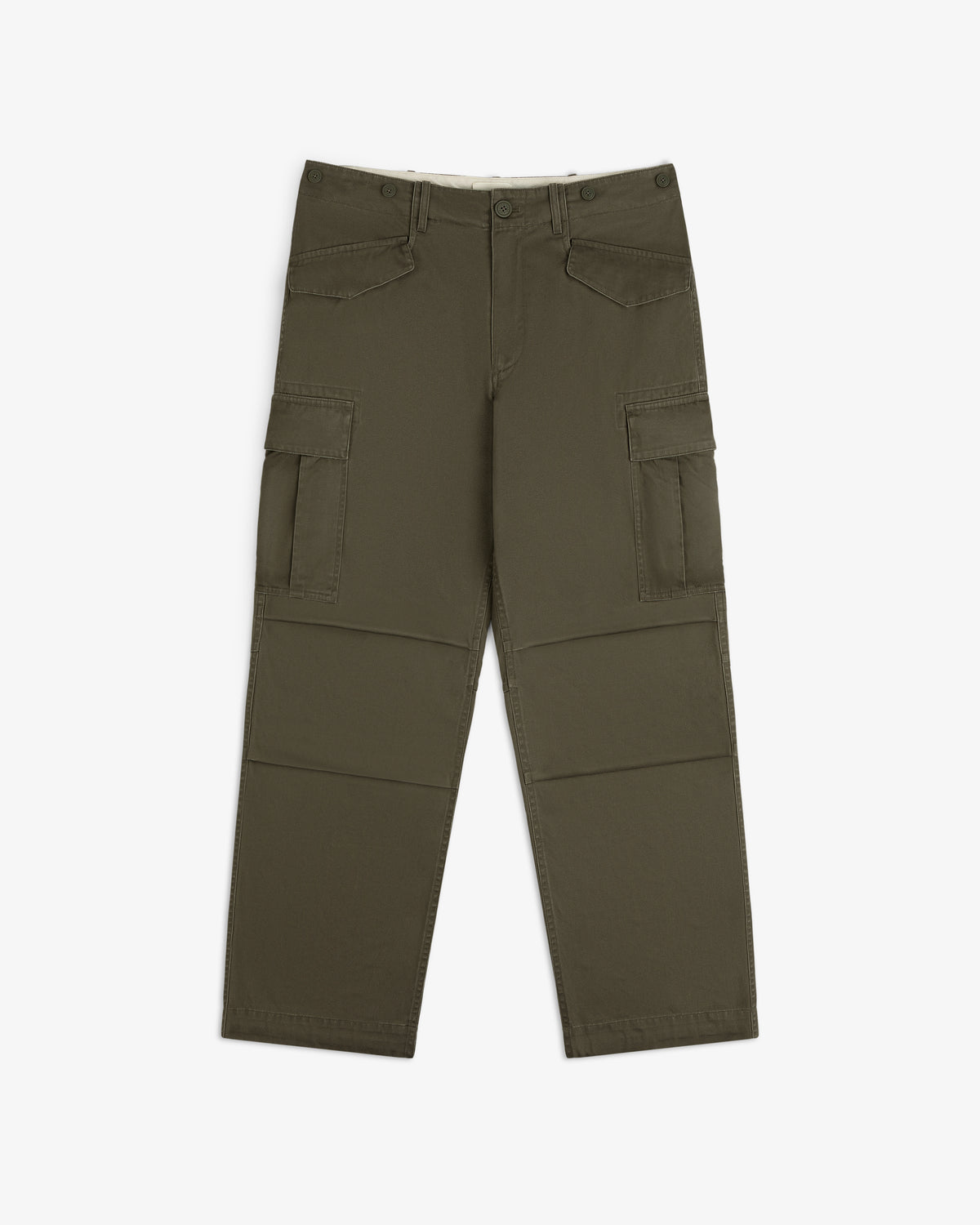 Fatigue Pant in olive green with large side pockets, straight legs, and button front, shown flat on white background.