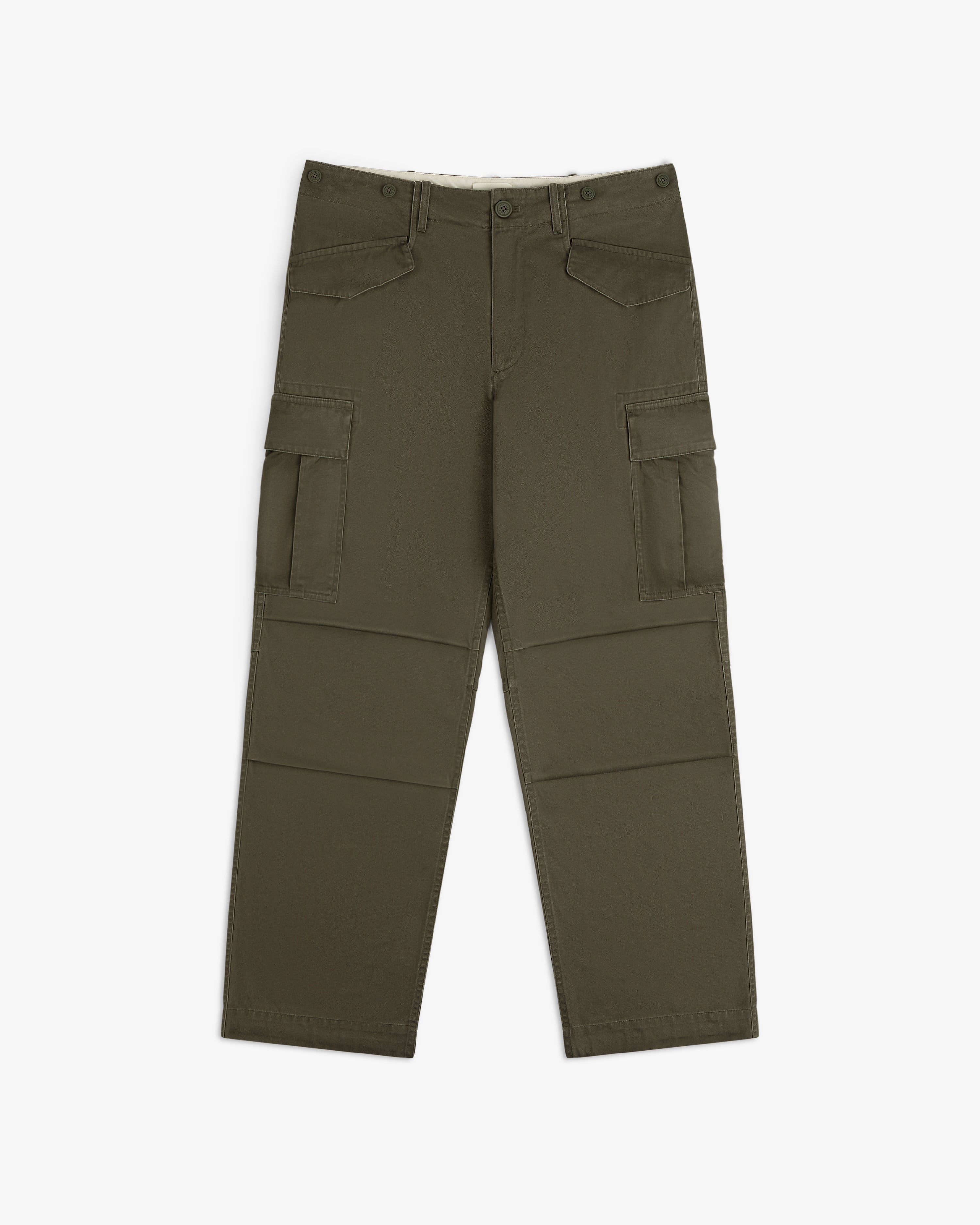 Fatigue Pant in olive green with large side pockets, straight legs, and button front, shown flat on white background.