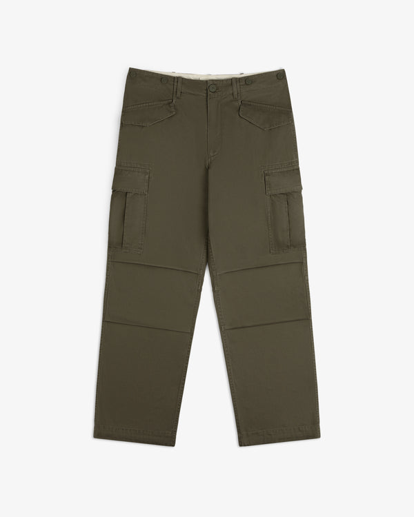 Fatigue Pant in olive green with large side pockets, straight legs, and button front, shown flat on white background.