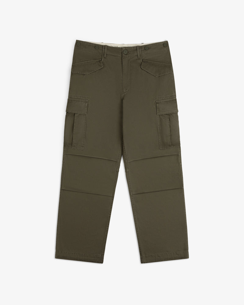 Fatigue Pant in olive green with large side pockets, straight legs, and button front, shown flat on white background.