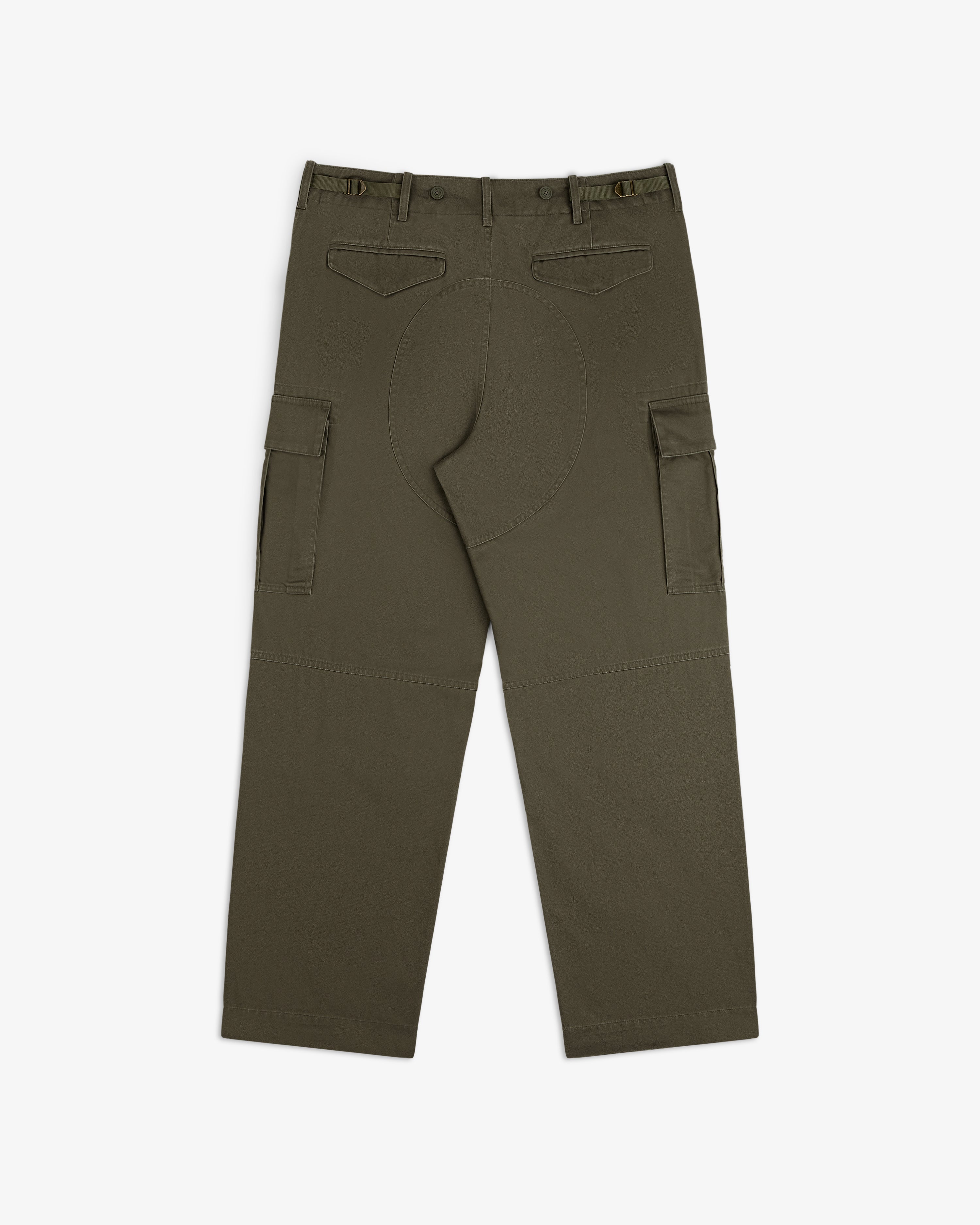 Fatigue Pant in olive green, back view, flap and side pockets, seat patch, and metal waist buckle details.