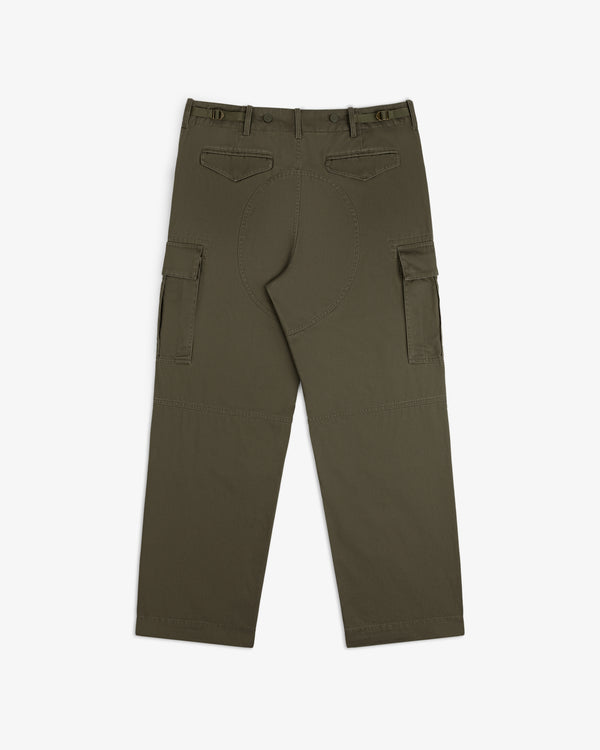 Fatigue Pant in olive green, back view, flap and side pockets, seat patch, and metal waist buckle details.