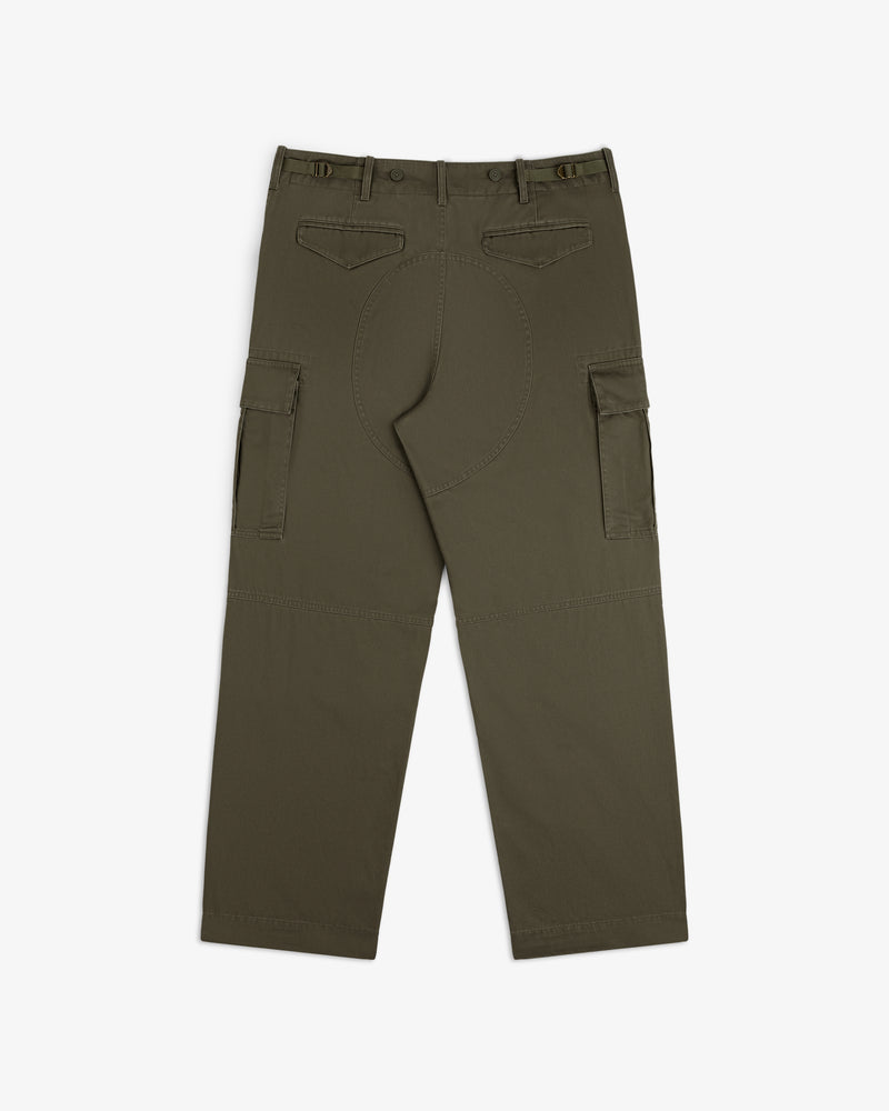 Fatigue Pant in olive green, back view, flap and side pockets, seat patch, and metal waist buckle details.