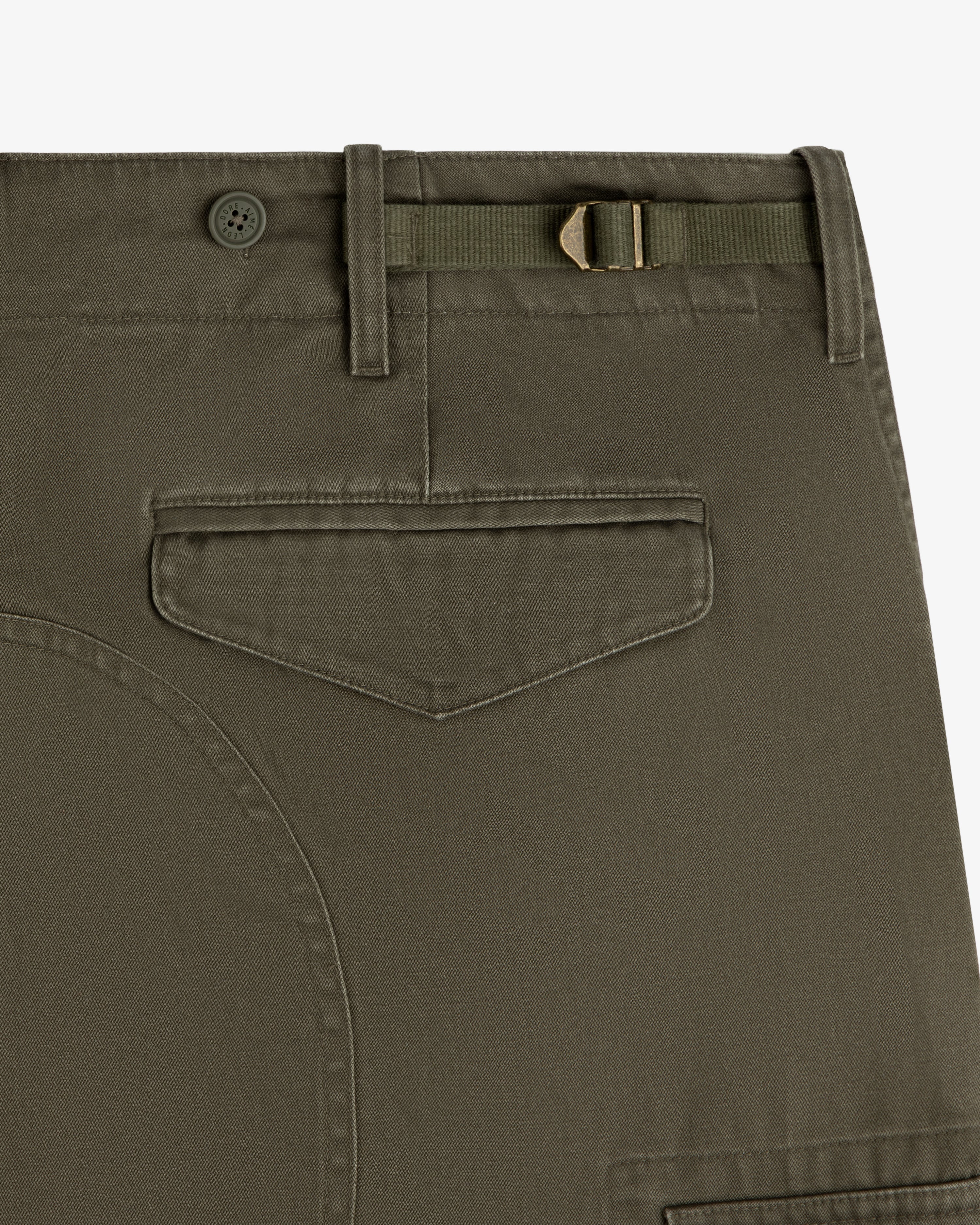 Close-up of Fatigue Pant in olive green showing flap back pocket, waist adjuster, belt loop, and button.