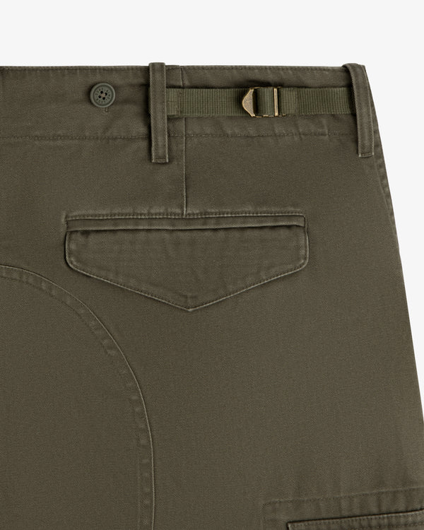 Close-up of Fatigue Pant in olive green showing flap back pocket, waist adjuster, belt loop, and button.