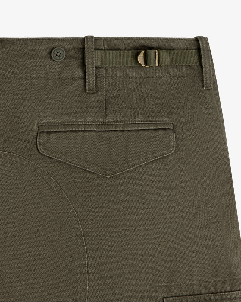 Close-up of Fatigue Pant in olive green showing flap back pocket, waist adjuster, belt loop, and button.