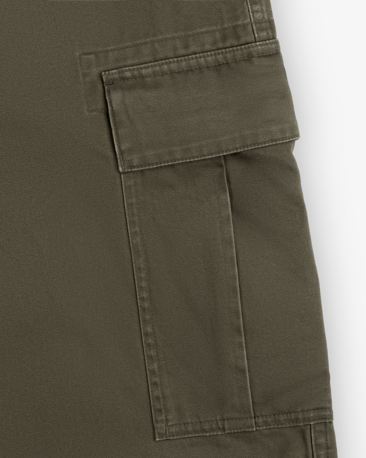Close-up of a Fatigue Pant’s olive green cargo pocket, featuring a flap and visible stitching details.