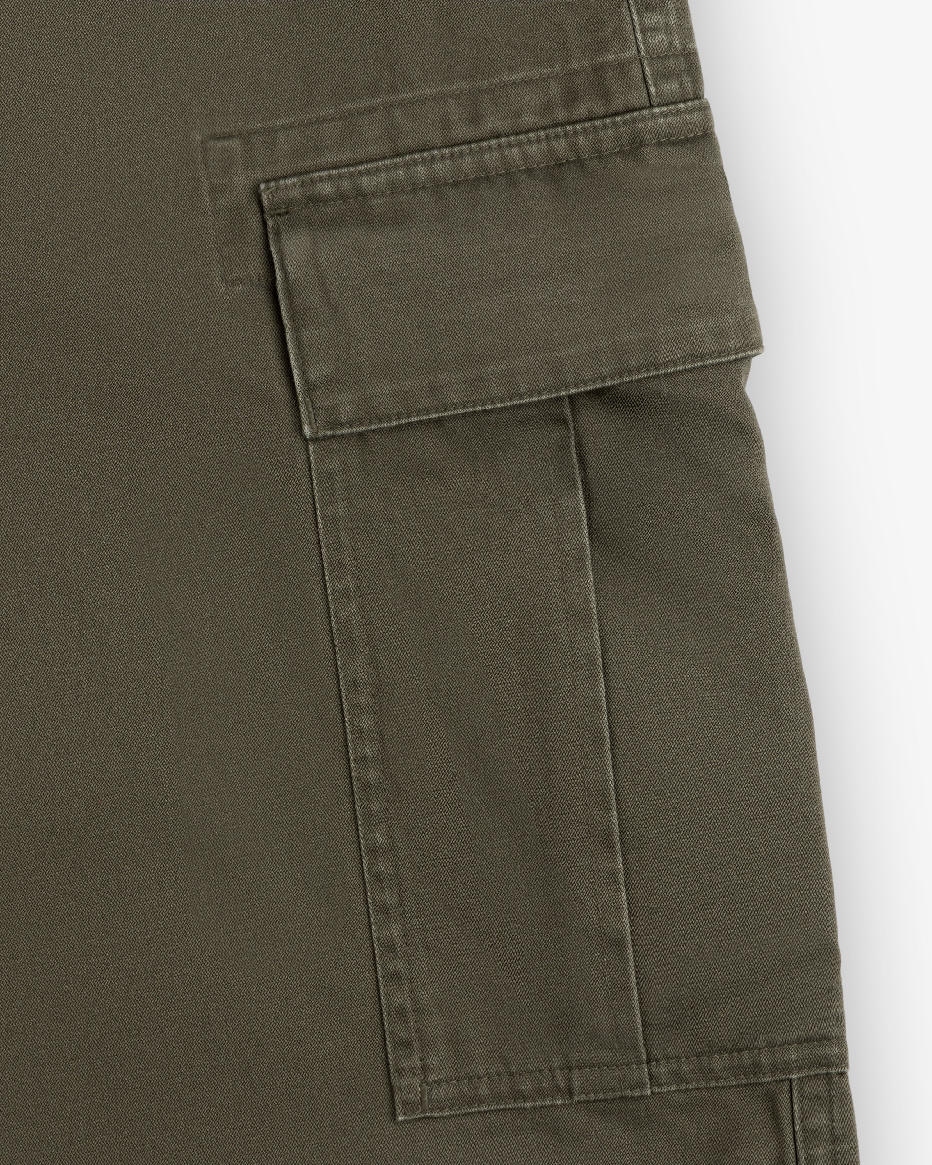 Close-up of a Fatigue Pant’s olive green cargo pocket, featuring a flap and visible stitching details.